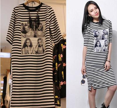 歐洲站2015春夏新款 歐貨時(shí)尚氣質(zhì)釘珠美女圖經(jīng)典條紋長T連
